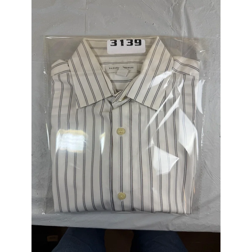Banana Republic Mens Fitted Striped Dress Shirt White Blue Brown 100% Cotton L